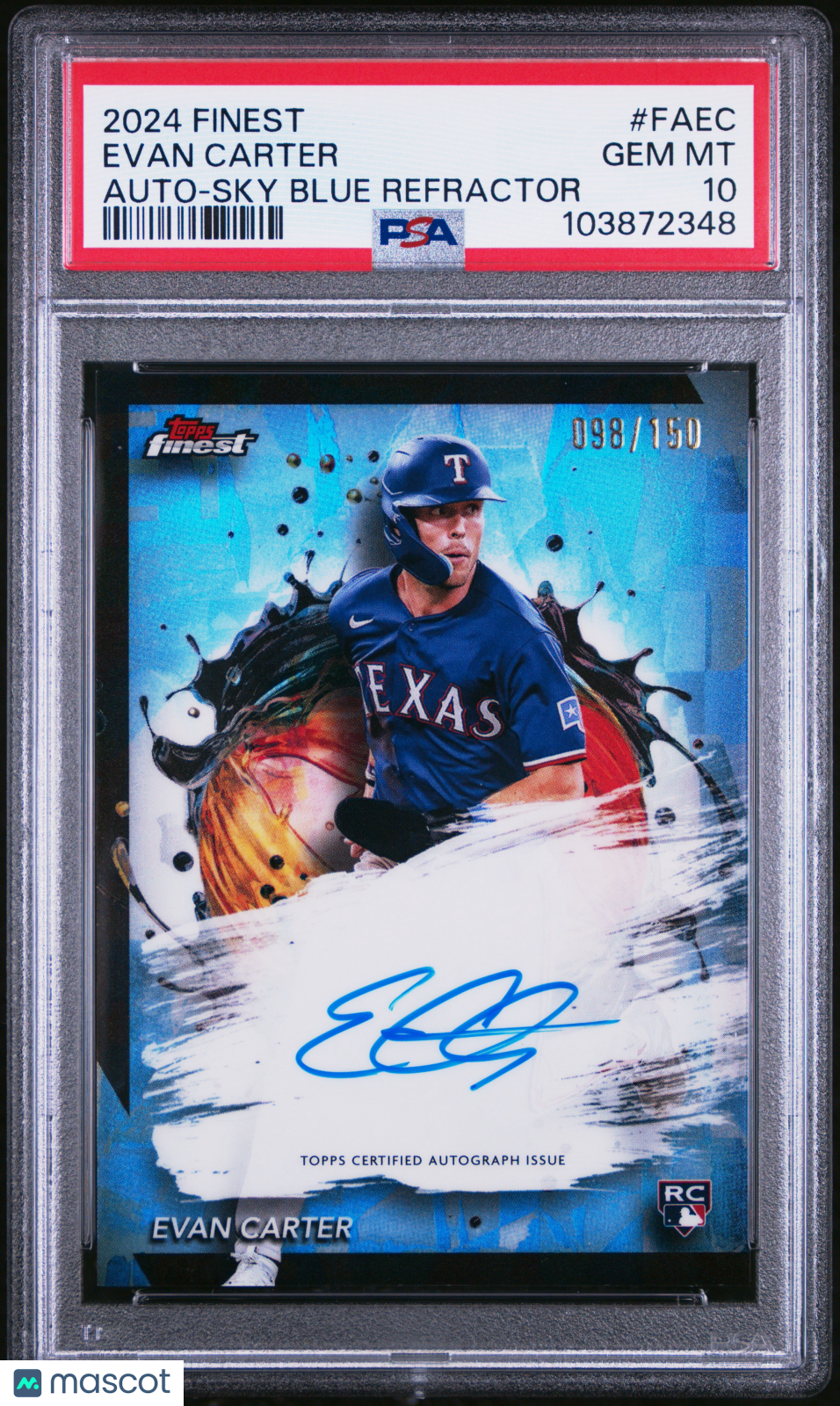 2024 Topps Finest Finest Autographs Evan Carter #FAEC Sky Blue /150 PSA 10