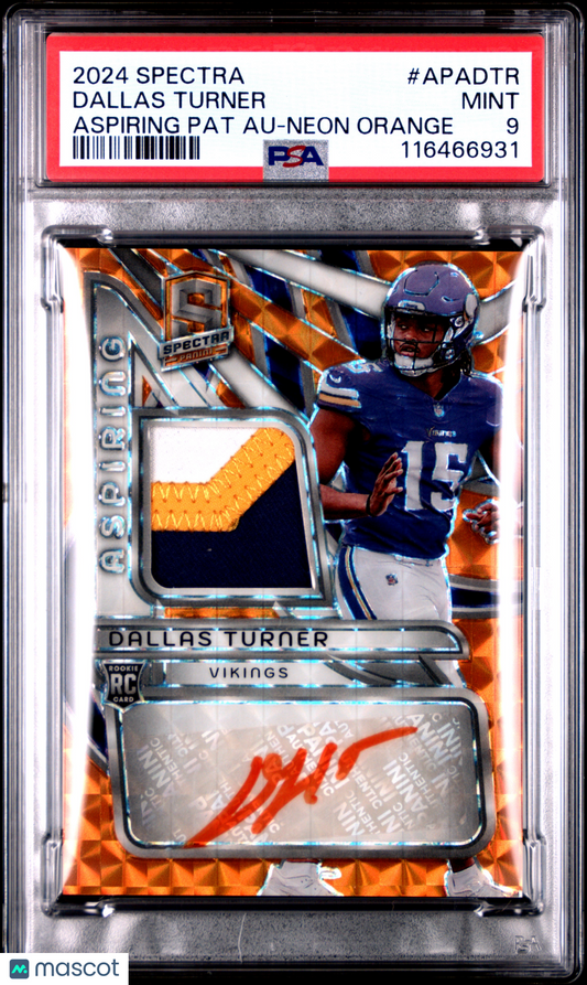 2024 Panini Spectra Aspiring Patch Autographs Dallas Turner Neon Orange PSA 9
