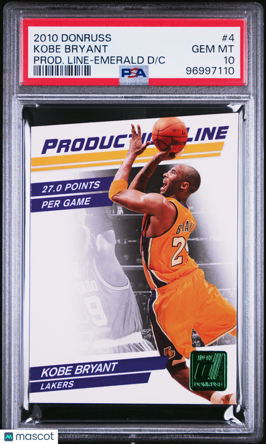 2010 Donruss Production Line Kobe Bryant #4 Prod. Emerald PSA 10