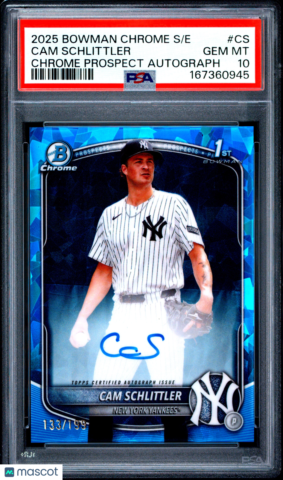 2025 Bowman Chrome Sapphire  Prospects Autographs Cam Schlittler #CS /199 PSA 10