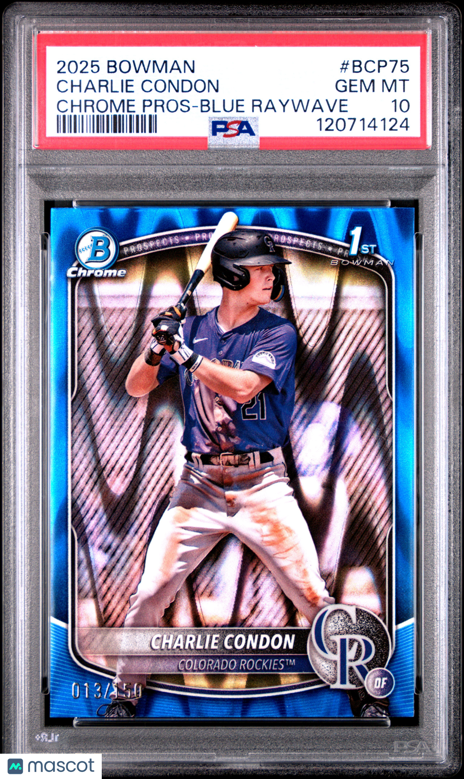 2025 Bowman Chrome Prospects Charlie Condon #BCP75 Blue Raywave 013/150 PSA 10