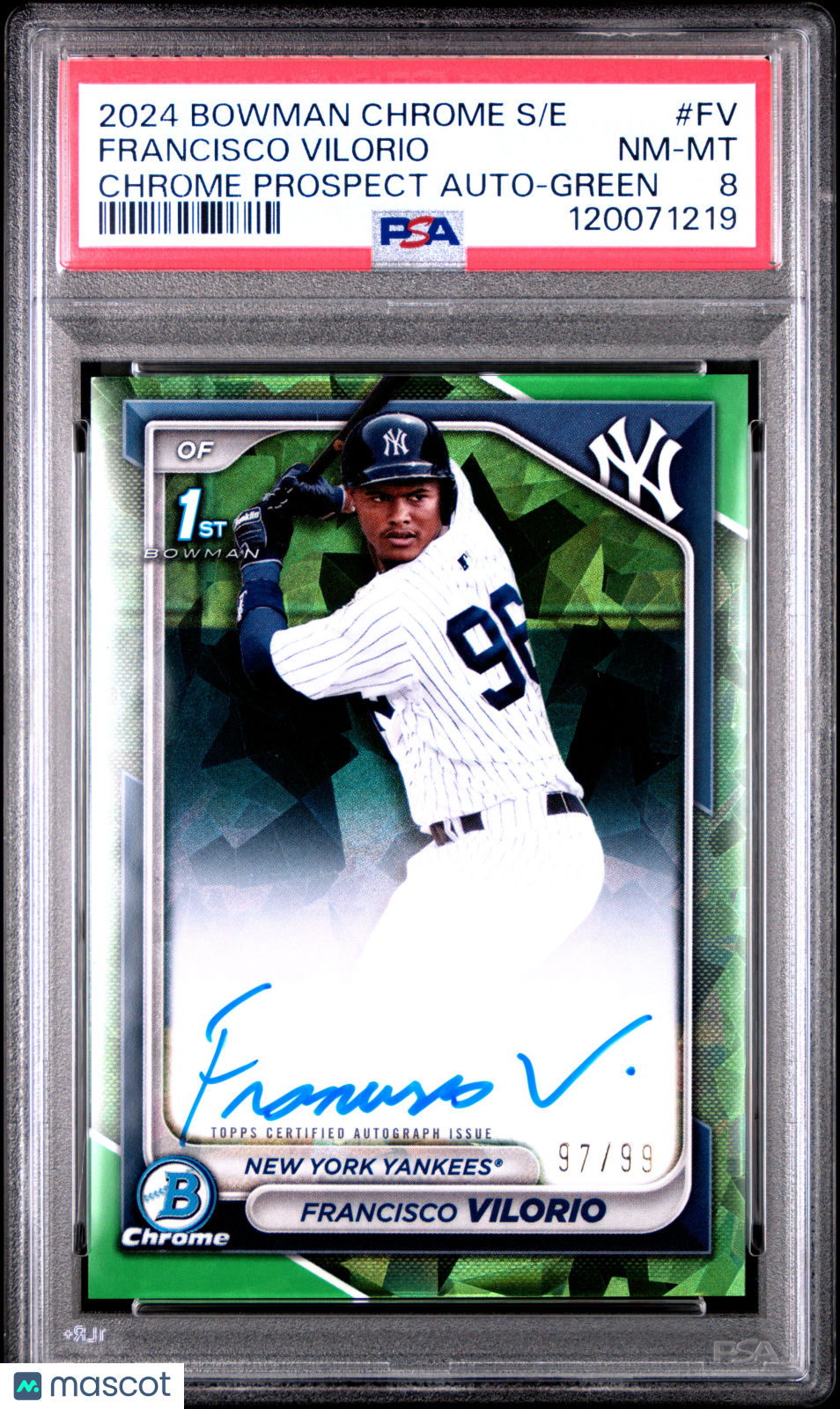 2024 Bowman Chrome Sapphire Edition Prospects Autographs Francisco Vilorio #FV Green 97/99 PSA 8