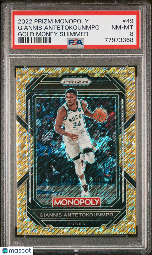 2022 Panini Prizm Monopoly Giannis Antetokounmpo #49 Gold Money Shimmer PSA 8