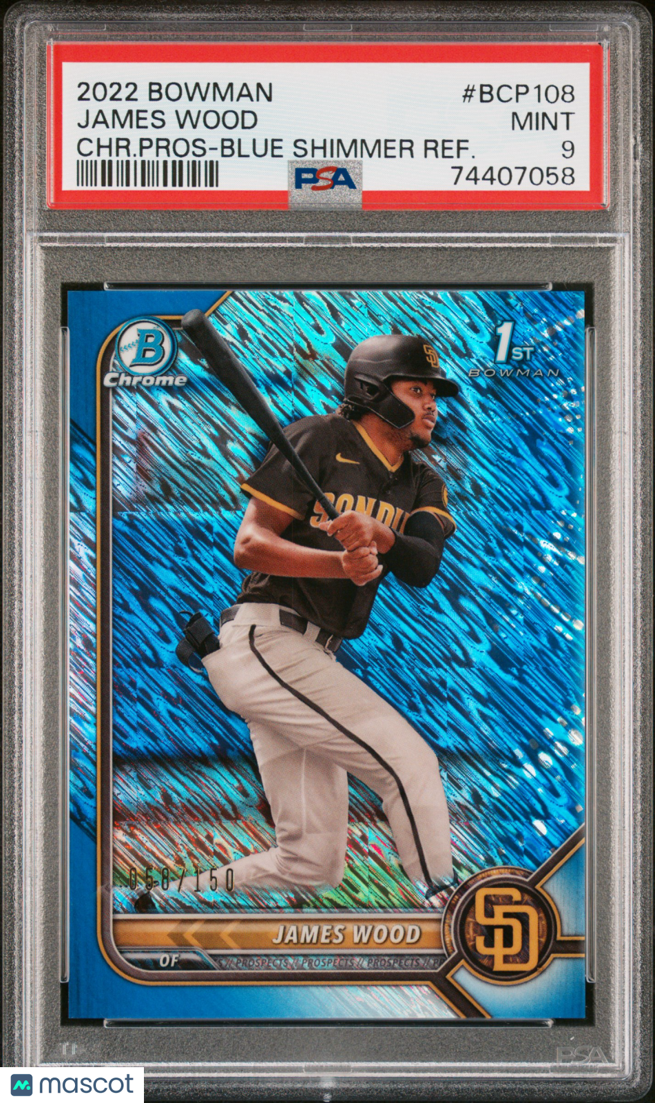 2022 Bowman Chrome Prospects James Wood #BCP108 CHR. Pros Blue /150 PSA 9