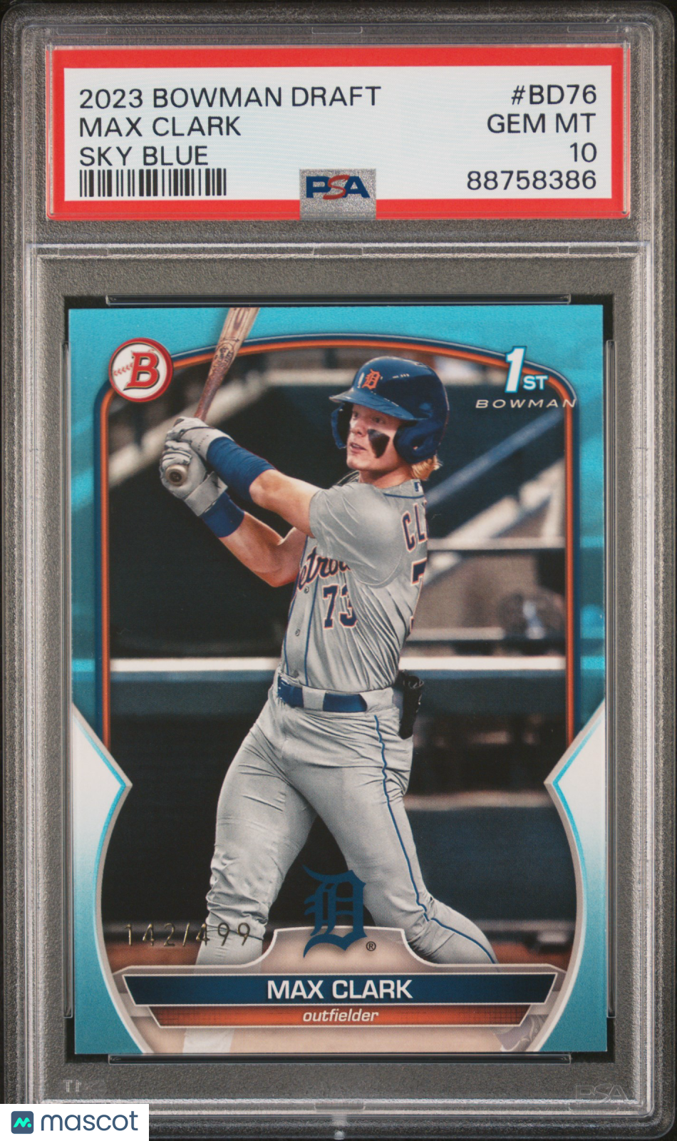 2023 Bowman Draft Max Clark #BD76 Sky Blue 142/499 PSA 10