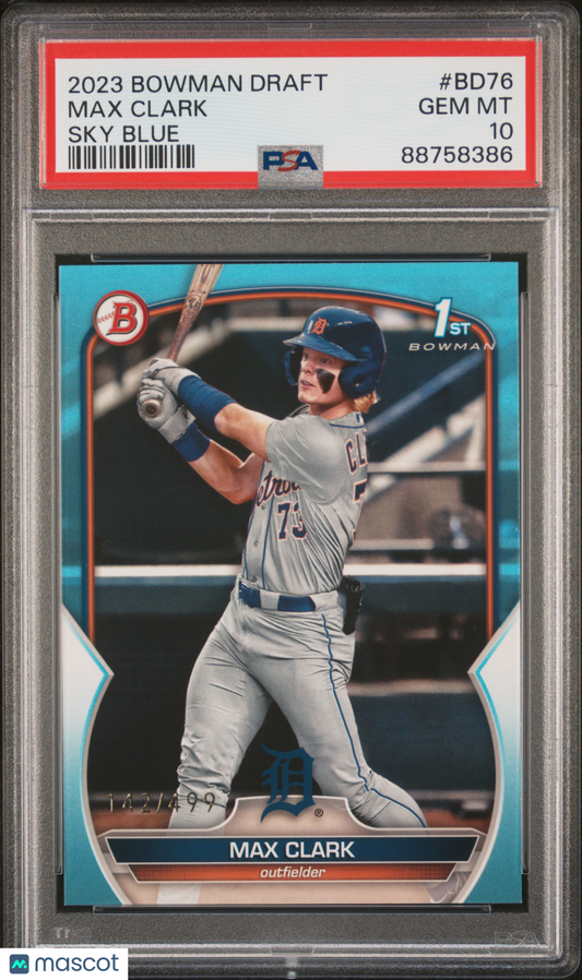 2023 Bowman Draft Max Clark #BD76 Sky Blue 142/499 PSA 10