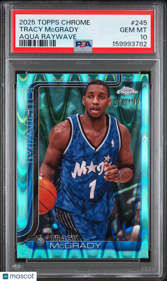 2025 Topps Chrome Tracy Mcgrady #245 Aqua Raywave 016/199 PSA 10