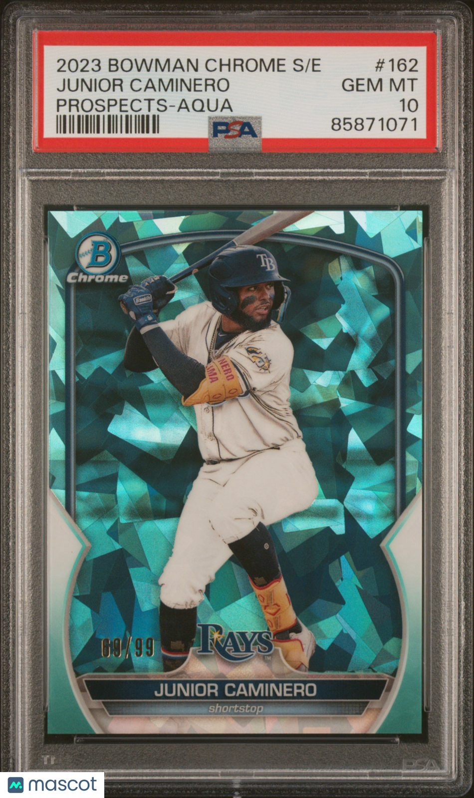 2023 Bowman Chrome Sapphire Prospects Junior Caminero #162 Aqua /99 PSA 10