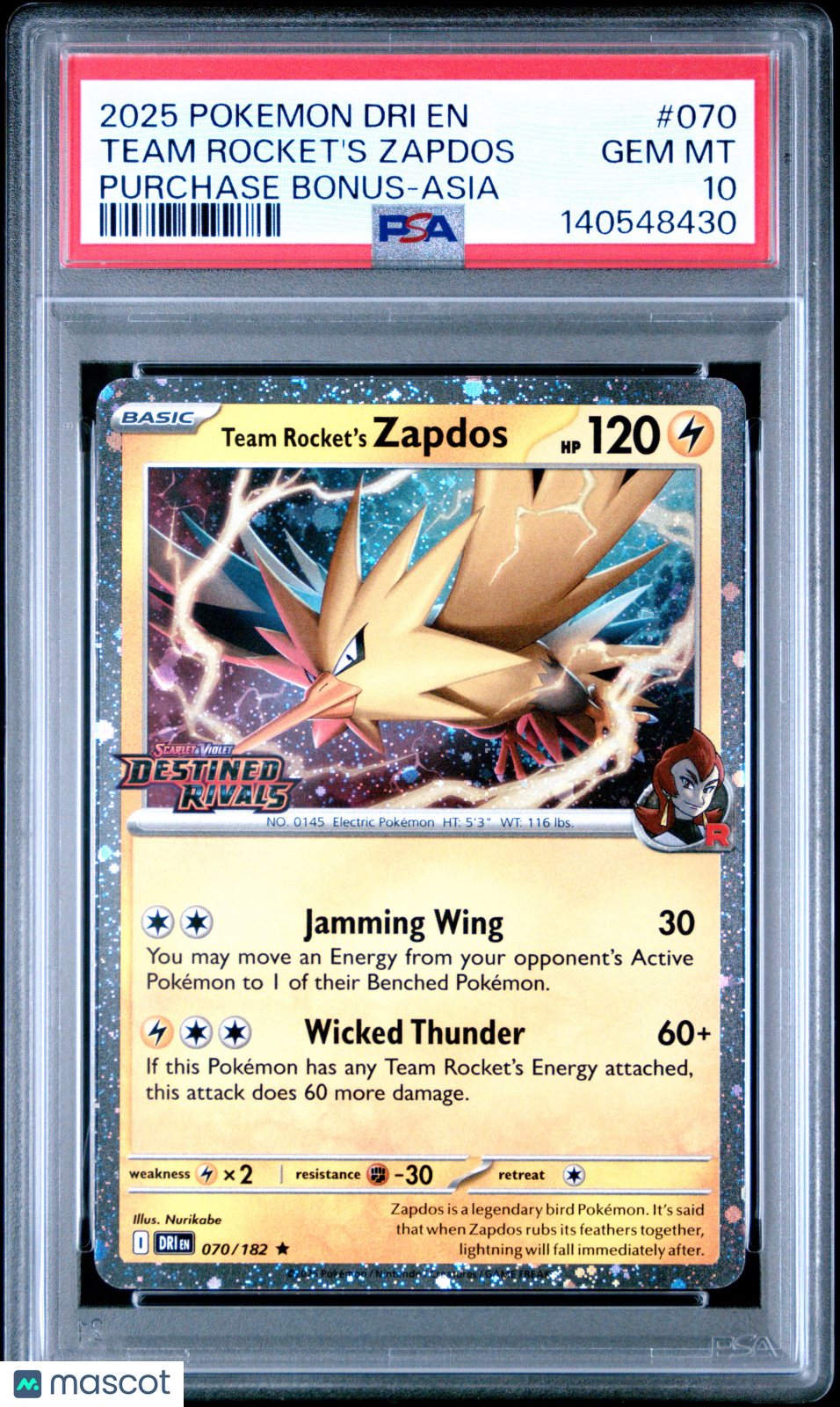 2025 Pokemon Destined Rivals Team Rocket's Zapdos Purchase Bonus-Asia PSA 1