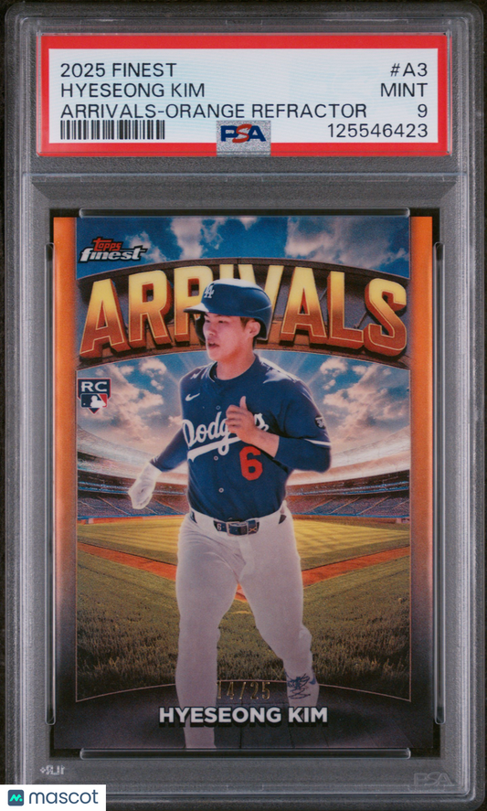 2025 Topps Finest Arrivals Hyeseong Kim #A3 Orange Refractor 14/25 PSA 9