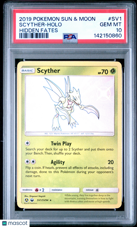 2019 Pokemon Sun & Moon Hidden Fates Scyther Holo Hidden Fates PSA 10 #SV1