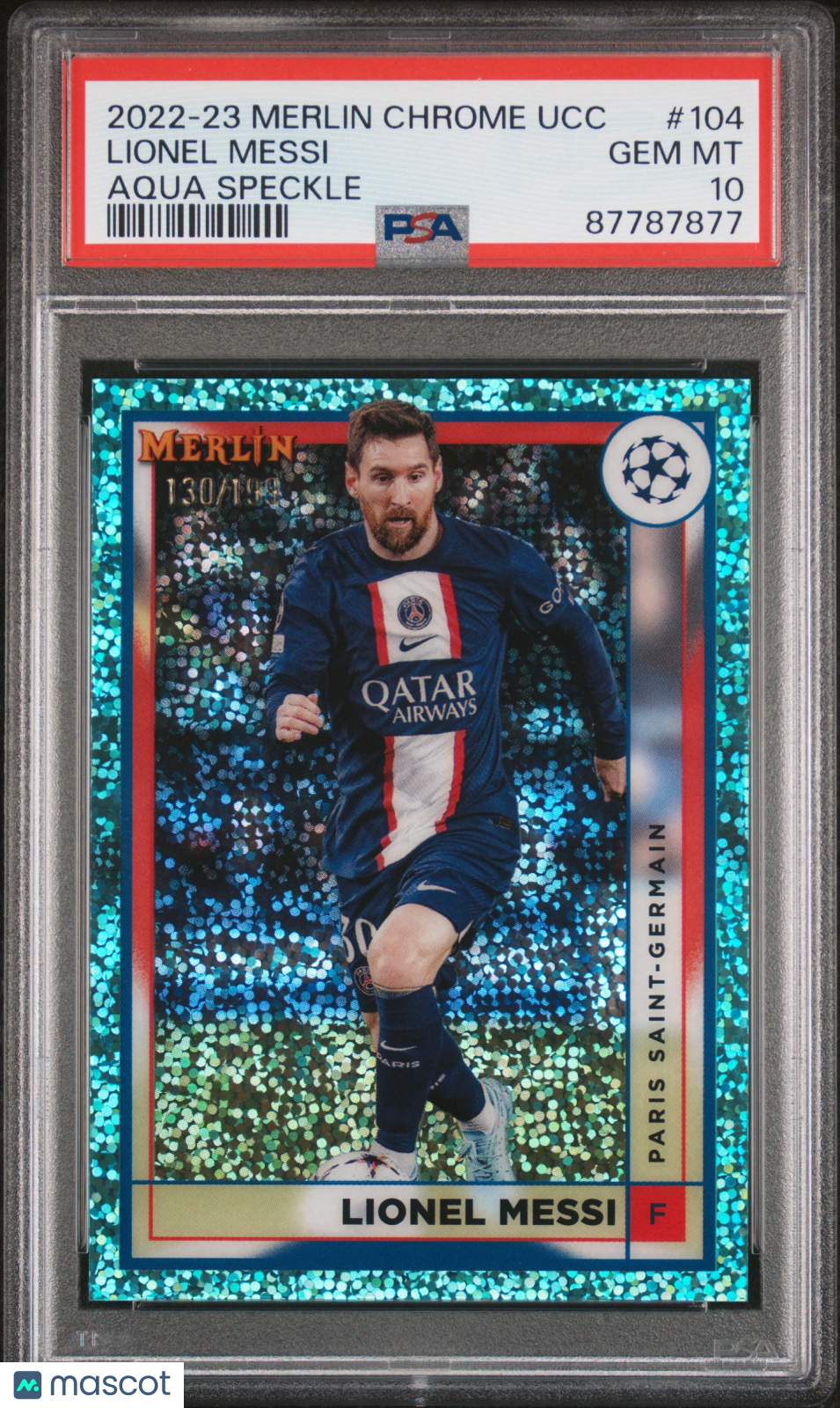 2022-23 Topps Merlin Chrome Lionel Messi #104 Aqua Speckle Refractor /199 PSA 10
