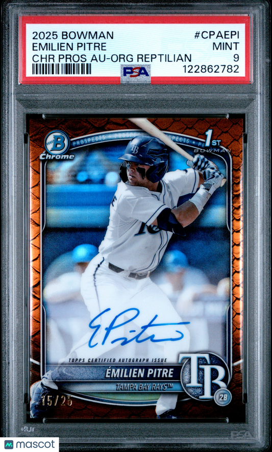2025 Bowman Chrome Prospect Autographs Emilien Pitre Org Reptilian /25 PSA 9