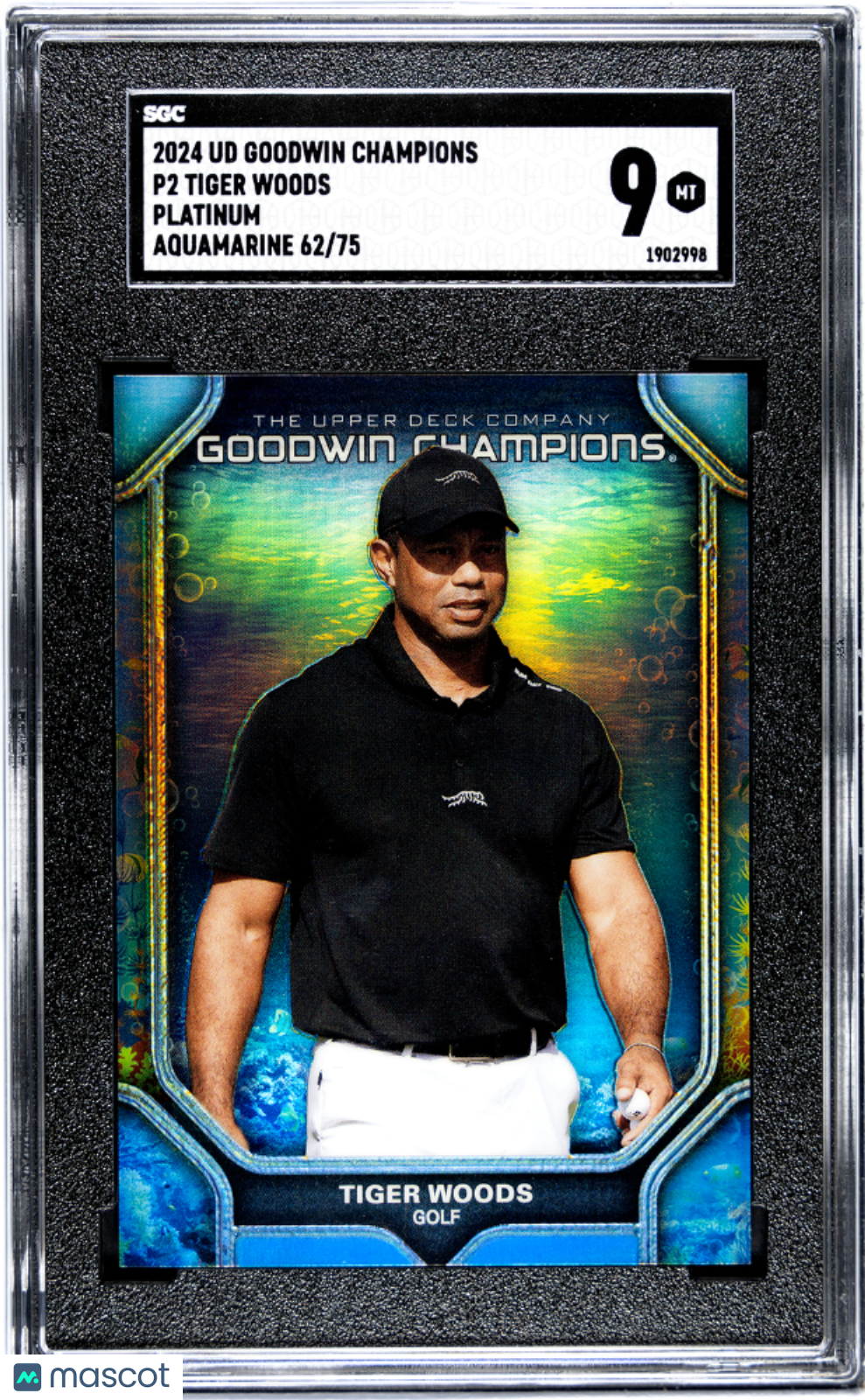 2024 Upper Deck Goodwin Champions Tiger Woods #P2 Platinum Aquamarine 75 SGC 9