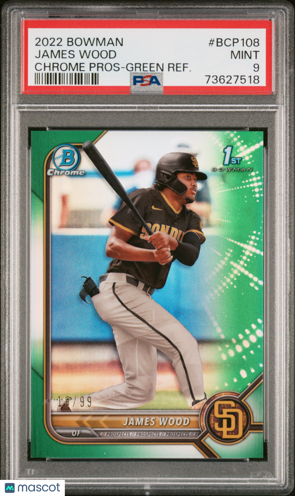 2022 Bowman Chrome Prospects James Wood #BCP108 Green Refractor 18/99 PSA 9
