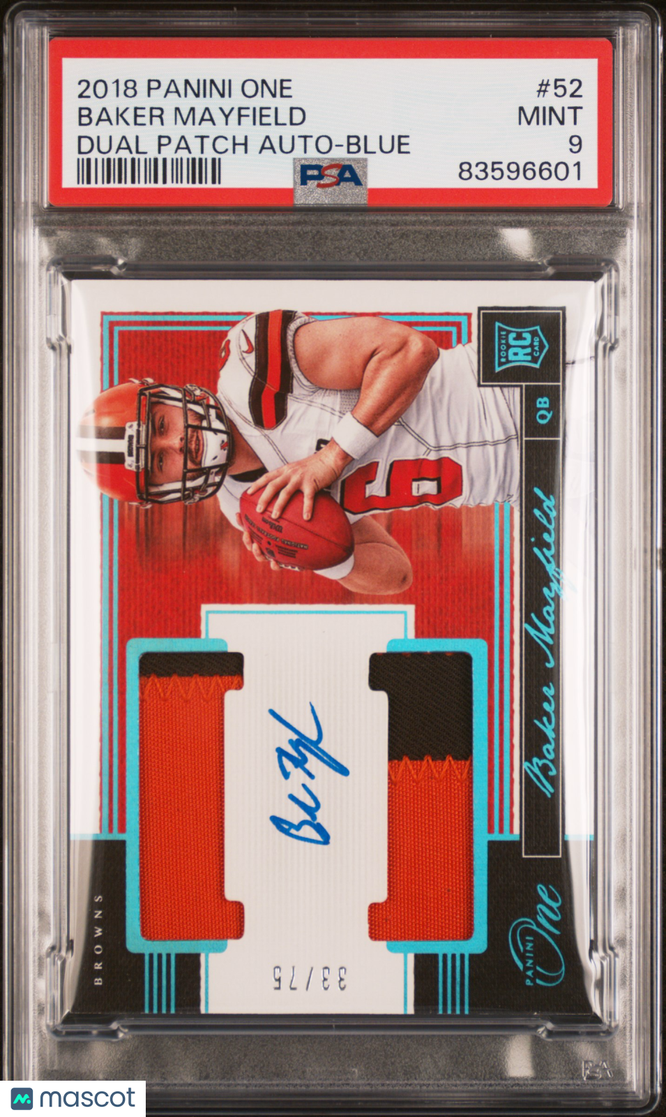 2018 Panini One Baker Mayfield #52 Dual Patch Auto Blue PSA 9