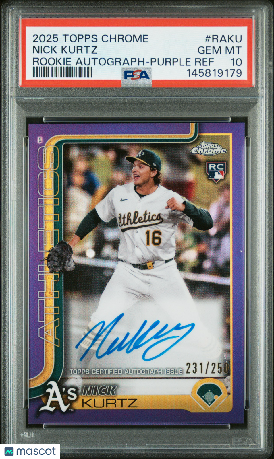 2025 Topps Chrome Rookie Autographs Nick Kurtz #RAKU Purple Ref 231/250 PSA 10