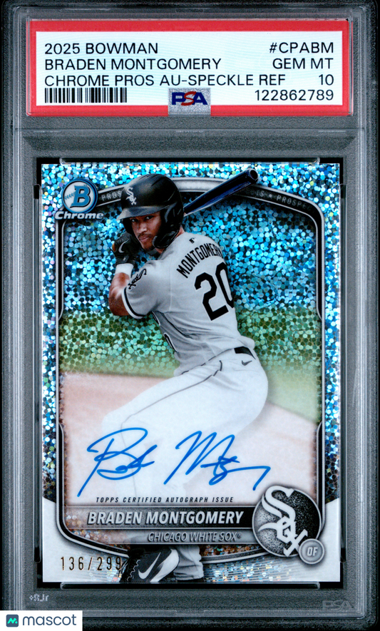 2025 Bowman Chrome Prospect Autographs Braden Montgomery Speckle Ref /299 PSA 10