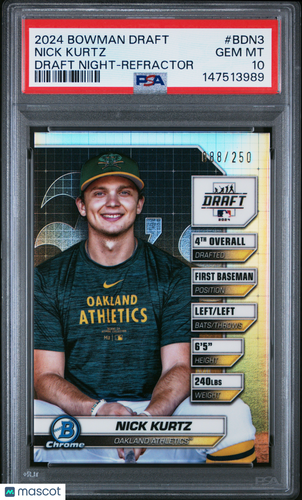 2024 Bowman Draft Bowman Draft Night Nick Kurtz #BDN3 Refractor 088/250 PSA 10