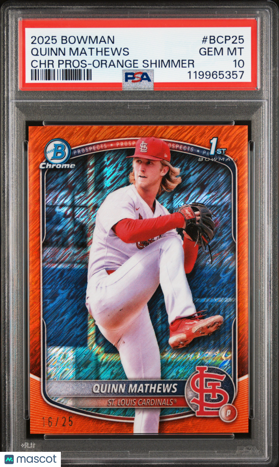 2025 Bowman Chrome Prospects Quinn Mathews #BCP25 Orange Shimmer 16/25 PSA 10