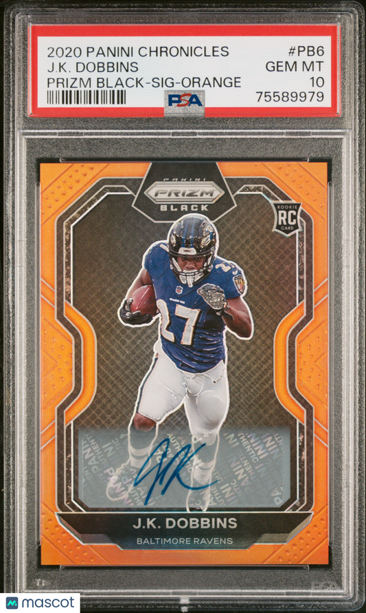 2020 Panini Chronicles Prizm Black J. K. Dobbins #PB6 SIG Orange PSA 10