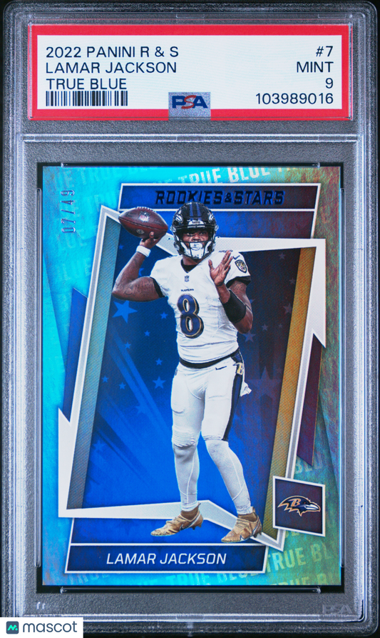 2022 Panini Rookies & Stars Lamar Jackson #7 True Blue 07/49 PSA 9
