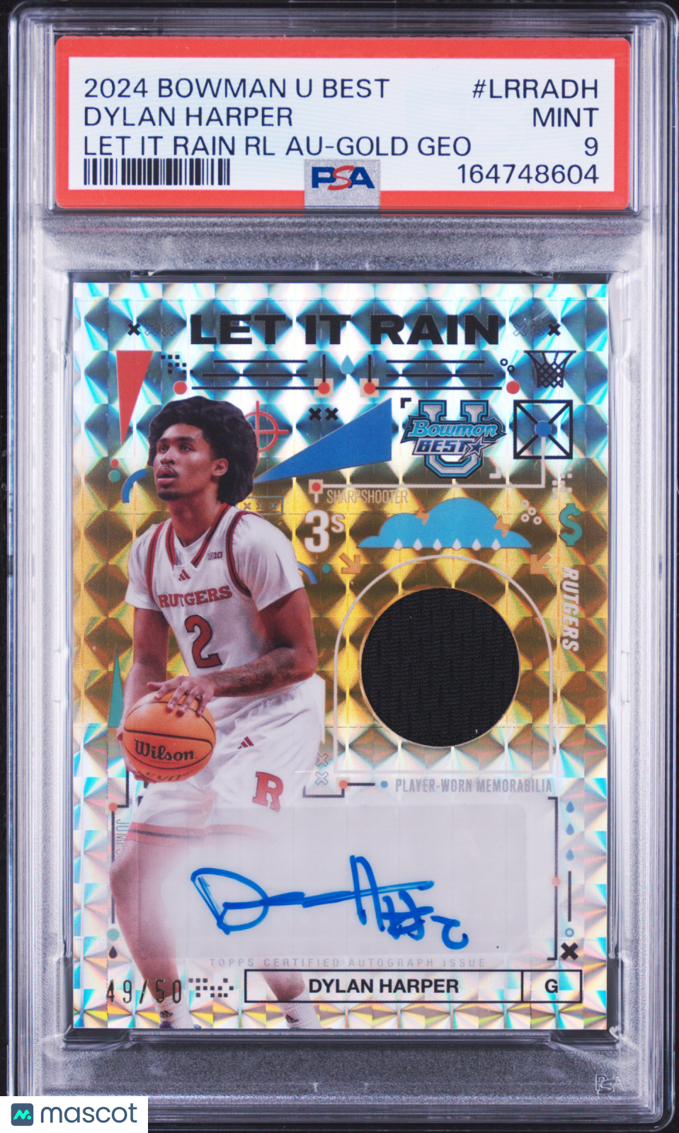 2024 Bowman University Best Let It Rain Relic Auto Dylan Harper Gold /50 PSA 9