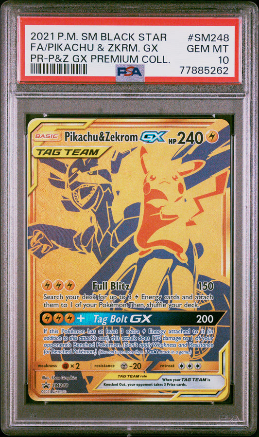 PokéMon TCG Pikachu & Zkrm. GX Fa #SM248 PR-P&Z GX Premium Coll. PSA 10